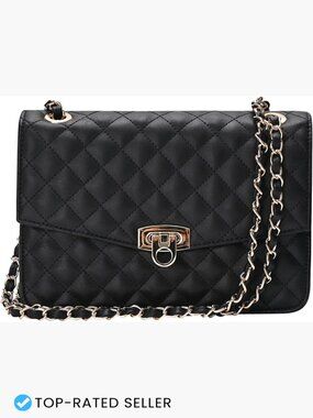 Quilted Shoulder Bag Medium Flap Crossbody Handbag with Chain Strap Vegan